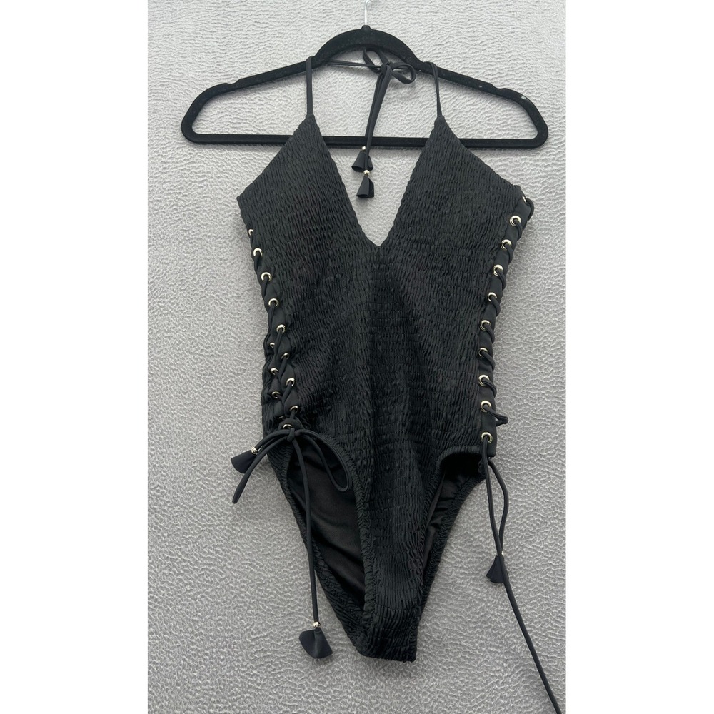 Victorias Secret One Piece Swimsuit M Ensenada Black Smocked Lace Up Side Halter